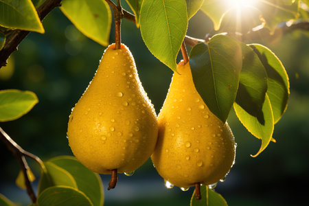 Ripe pear fruits on a branch of a tree with green leaves, in an orchard. Image for advertising, bannerの素材
