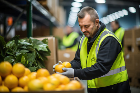 Skilled man working on sorting line at fruit warehouse, checking quality of selected fruitsの素材