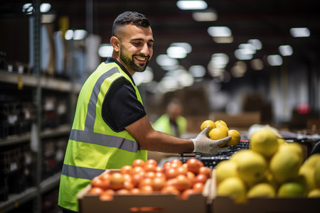 Skilled man working on sorting line at fruit warehouse, checking quality of selected fruitsの素材