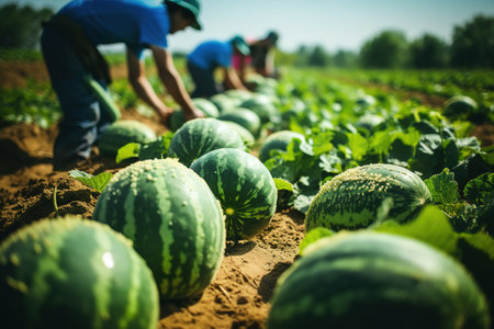 Green watermelon growing in the gardenの素材