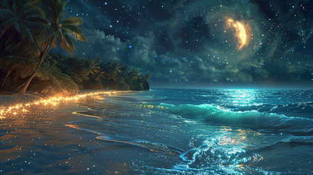 The Moon Night And Sea. Fiction. Concept Art. Realistic Illustration. Video Game Digital CG Artwork. Nature Scenery.の素材