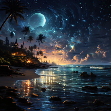 The Moon Night And Sea. Fiction. Concept Art. Realistic Illustration. Video Game Digital CG Artwork. Nature Scenery.の素材
