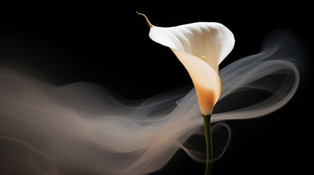 Abstract close-up of Calla with ethereal smoke in the background. Banner for the design. Background.の素材