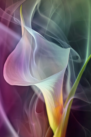 Abstract close-up of Calla with ethereal smoke in the background. Banner for the design. Background.の素材