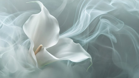 Abstract close-up of Calla with ethereal smoke in the background. Banner for the design. Background.の素材