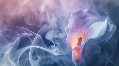 Abstract close-up of Calla with ethereal smoke in the background. Banner for the design. Background.の素材