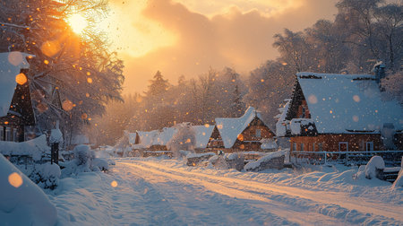 Winter wonderland. Mountain modern Village in winter, Snowdriftsの素材