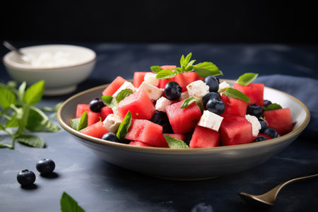 Summer salad with watermelon, blueberries and feta cheese, above view on a dark stone backgroundの素材