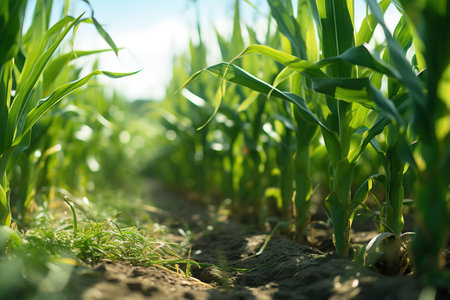 Young corn plants growing on the field on a sunny day. Selective focus.の素材