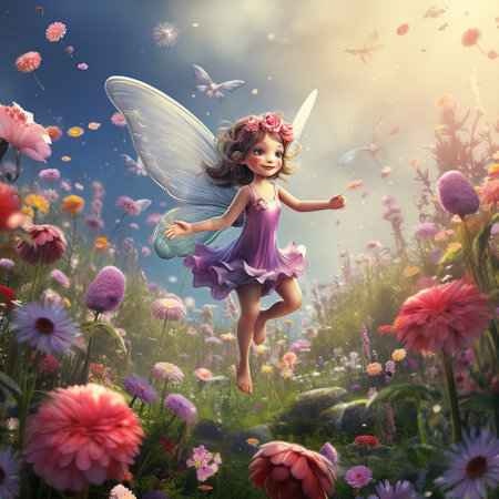 A flying fairy with blonde hair and butterfly wings among fabulous flowers. Illustration for Children's booksの素材