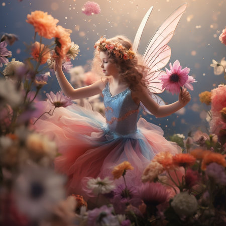 A flying fairy with blonde hair and butterfly wings among fabulous flowers. Illustration for Children's booksの素材