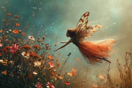 A flying fairy with blonde hair and butterfly wings among fabulous flowers. Illustration for Children's booksの素材