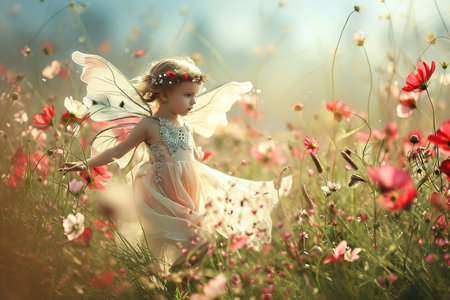 A flying fairy with blonde hair and butterfly wings among fabulous flowers. Illustration for Children's booksの素材