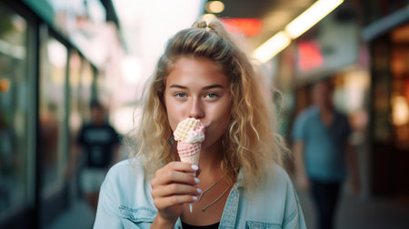Summer concert. Glad positive woman holds tasty frozen ice cream, enjoy eating delicious cold dessert, poses on background, feels happy.の素材