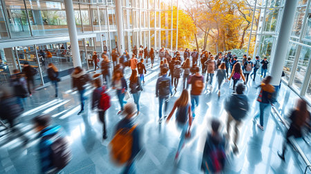blurry image. background image of a group of young people walking quickly to classes in a modern buildingの素材