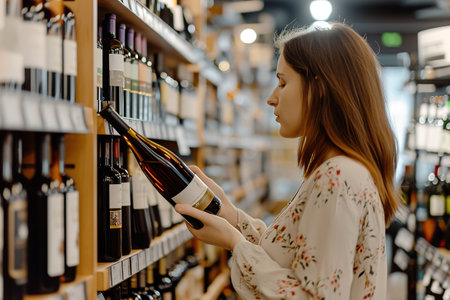 A young woman is shopping at the supermarket, buying groceries, choosing wine, Alcohol, holding a bottle. People buying the gastronomic concept of foodの素材
