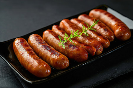 Grilled juicy sausages on a grill with fire. Shallow depth of field. Photos and menus of cafes and restaurantsの素材