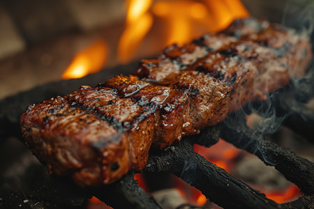 gaucho cooking the meat on the fire, making the barbecue on the coals, Photos and menus of cafes and restaurants, Magazinesの素材