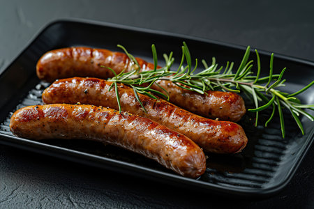 Grilled juicy sausages on a grill with fire. Shallow depth of field. Photos and menus of cafes and restaurantsの素材