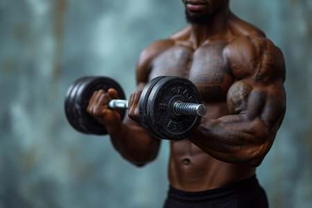 Side view of a serious strong shirtless male bodybuilder lifting heavy barbell isolated over light backgroundの素材