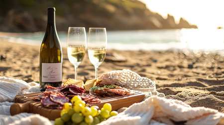 a picnic setting on a beach with a meat charcuterie board and wine. Beautiful sunset light near the sea at sunny summer day.の素材