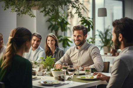 Happy multi-generation family enjoying in a lunch together at home. The concept of family valuesの素材