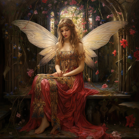 flying fairy with blonde hair and butterfly wings.の素材