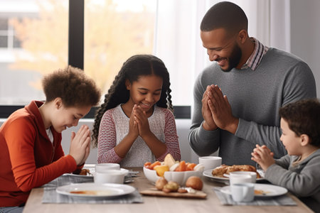 Happy family praying before dinner at festive table on Thanksgiving Dayの素材