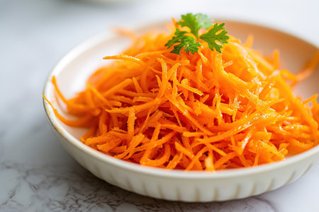 salad of fresh shredded carrots in a white brown next to a carrot shredder on a light background. Korean carrot. healthy food concept.の素材