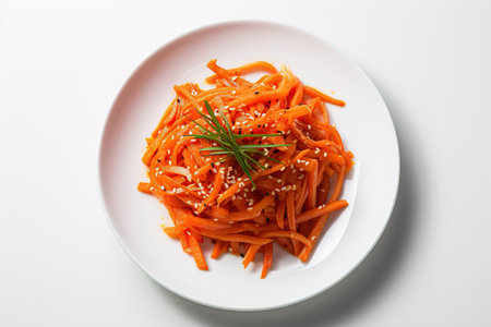 salad of fresh shredded carrots in a white brown next to a carrot shredder on a light background. Korean carrot. healthy food concept.の素材