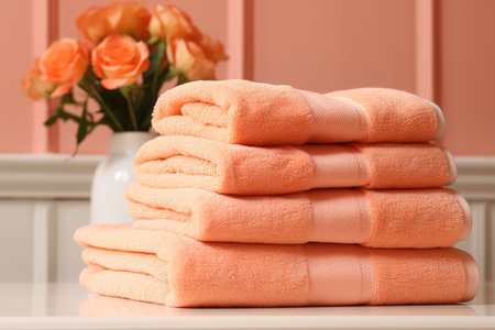 Peach-colored towels in a modern Bathroom in Peach tones. The color trend of 2024の素材