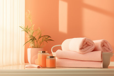 Peach-colored towels in a modern Bathroom in Peach tones. The color trend of 2024の素材