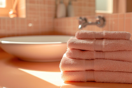 Peach-colored towels in a modern Bathroom in Peach tones. The color trend of 2024の素材