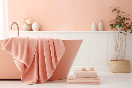 Peach-colored towels in a modern Bathroom in Peach tones. The color trend of 2024の素材