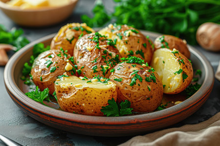 Traditional Russian baked potatoes in a plate with butter and parsley. Image for the menu of a restaurant, cafeの素材