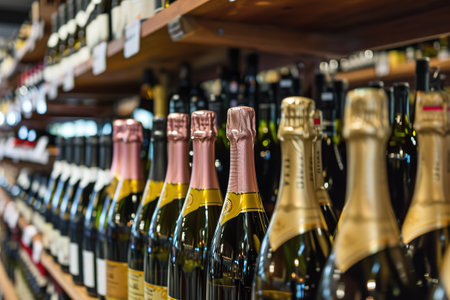 Champagne bottles on wine Store shelves. People purchasing gastronomy food conceptの素材