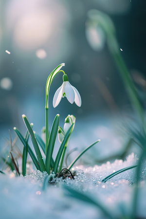 Snowdrop Flowers in the snow, selective focus, blur, sunlight. Beautiful spring floral backgroundの素材