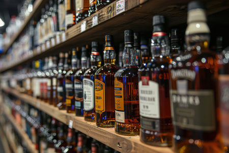 whiskey bottles on the shelves of a liquor storeの素材