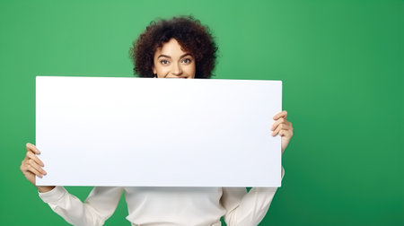 A young Woman holds a white Billboard above her head, the background is a green Chromakeyの素材