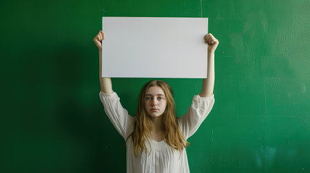 A young Woman holds a white Billboard above her head, the background is a green Chromakeyの素材