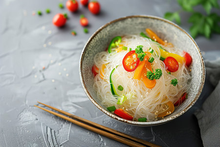 Delicious Asian rice glass noodles with vegetables. Image for cafe and restaurant menusの素材