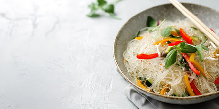 Delicious Asian rice glass noodles with vegetables. Image for cafe and restaurant menusの素材