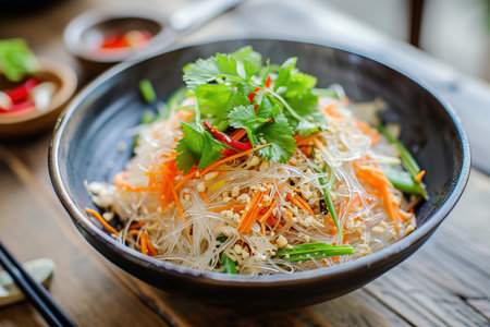 Delicious Asian rice glass noodles with vegetables. Image for cafe and restaurant menusの素材