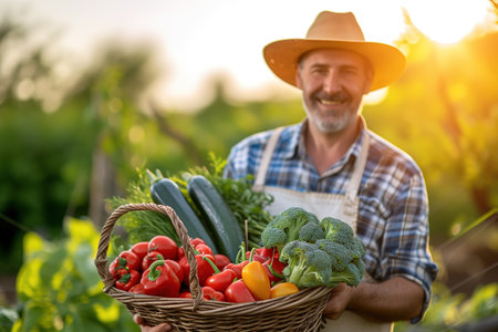 A male Farmer is holding a large basket full of fresh raw Vegetables. A basket of vegetables in his hands.の素材