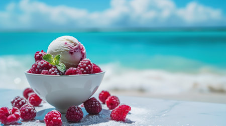 Ice cream in a creamer. delicious delicate dessert, There is an exotic beach in the background, and a cool dessert with berries on the table.の素材
