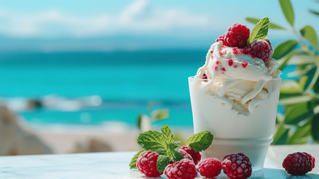 Ice cream in a creamer. delicious delicate dessert, There is an exotic beach in the background, and a cool dessert with berries on the table.の素材