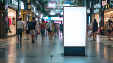 A white billboard in the mall, people walking in the background. Place for text or image, Advertisingの素材
