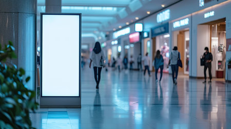 A white billboard in the mall, people walking in the background. Place for text or image, Advertisingの素材
