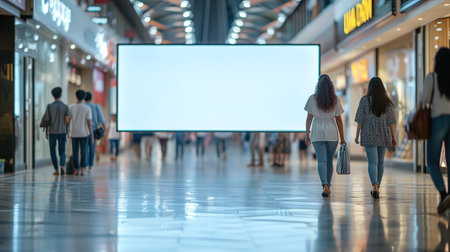 A white billboard in the mall, people walking in the background. Place for text or image, Advertisingの素材