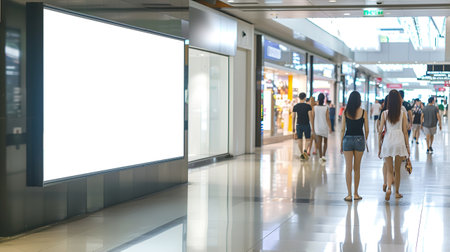 A white billboard in the mall, people walking in the background. Place for text or image, Advertisingの素材